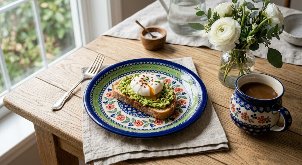 Kiwi pattern Polish pottery plate styled on a weekend brunch table with avocado toast and a ceramic mug