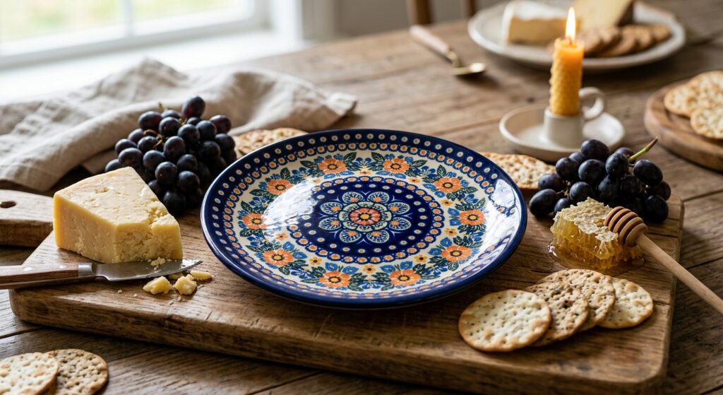 Bolesławiec hand-painted stoneware plate styled as the centrepiece of a cheese night spread with crackers and grapes