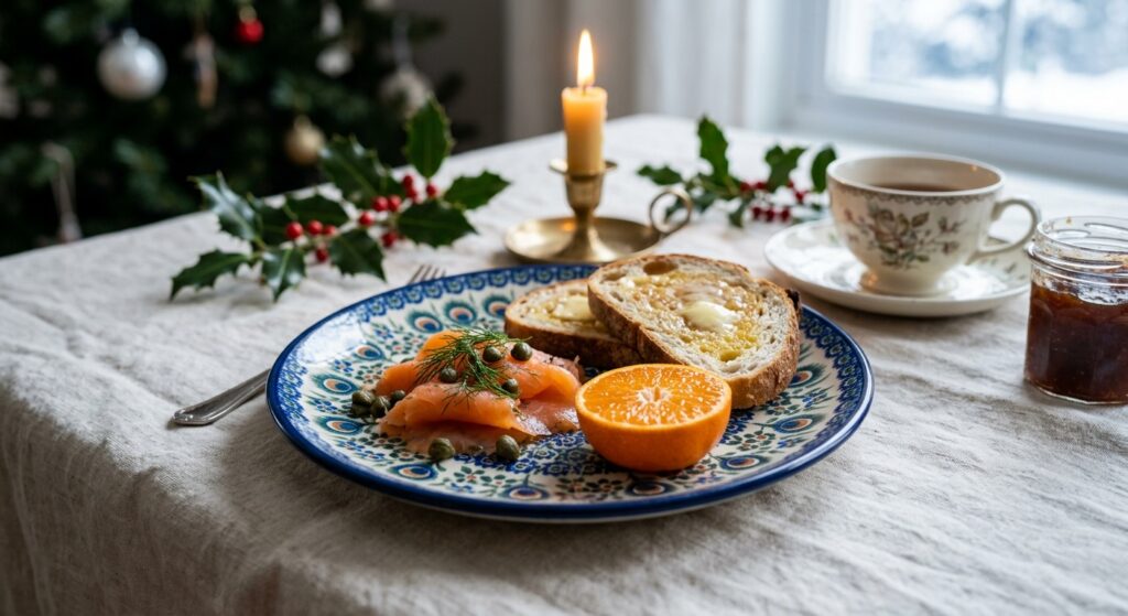 Hand-painted Polish pottery plate on a Christmas morning breakfast table with festive greenery and candles