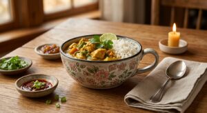 Handmade Polish pottery loop handle bowl filled with curry and rice on a warm wooden table