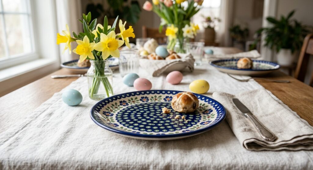 Polish pottery dessert plate in Kiwi pattern on a spring Easter table with daffodils and pastel eggs