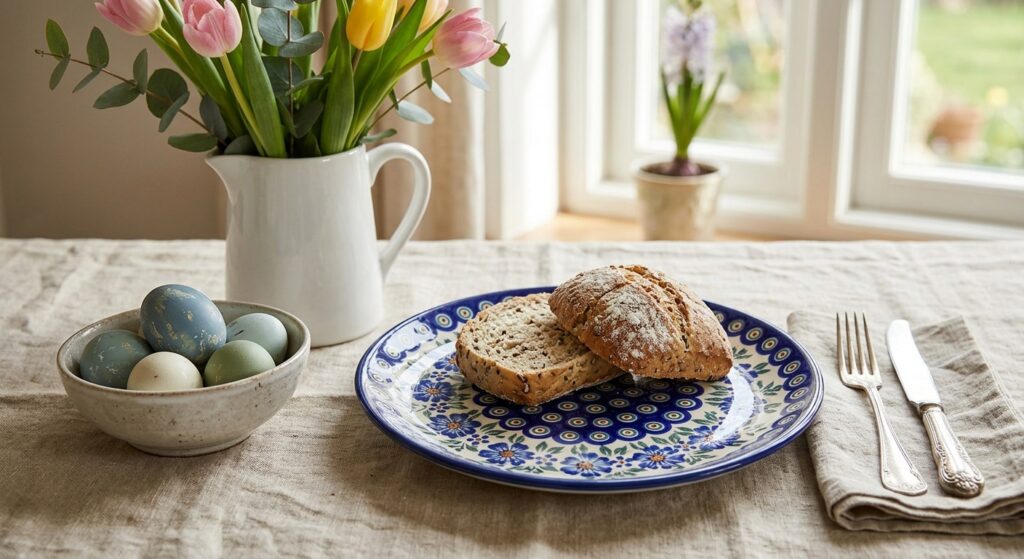 Bolesławiec Polish pottery plate styled on an Easter brunch table with spring flowers and painted eggs