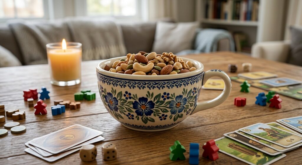 Handmade Polish pottery loop handle bowl filled with snacks on a cosy game night table