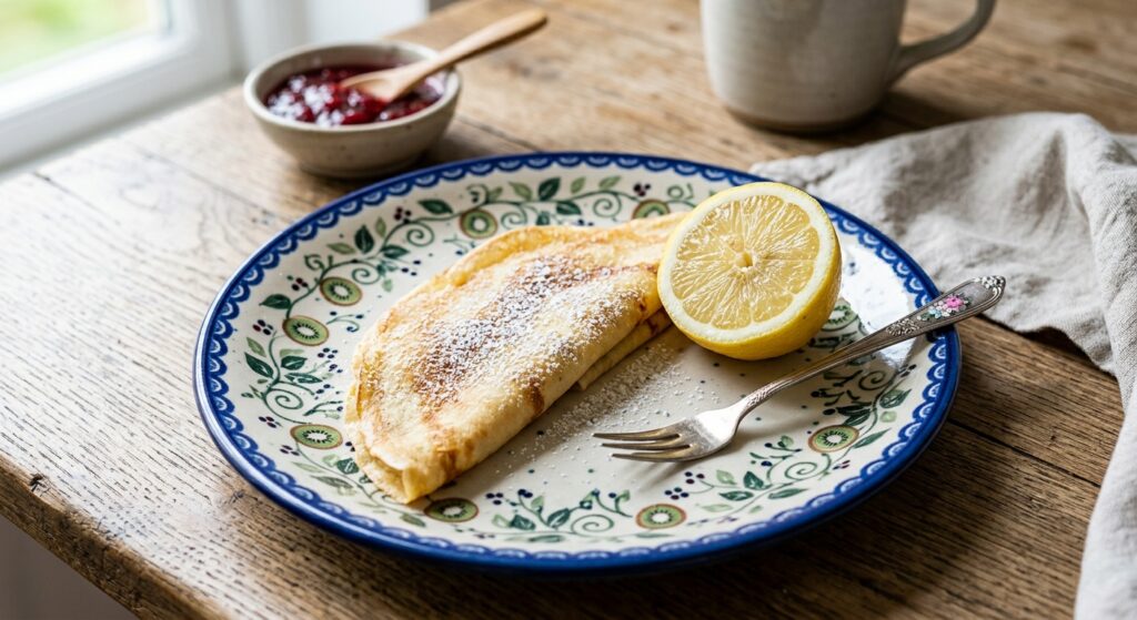 Polish pottery plate in Kiwi pattern topped with a golden pancake and icing sugar on a rustic wooden table
