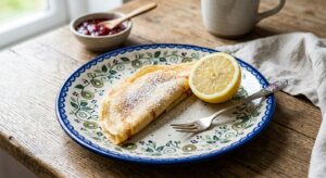 Polish pottery plate in Kiwi pattern topped with a golden pancake and icing sugar on a rustic wooden table