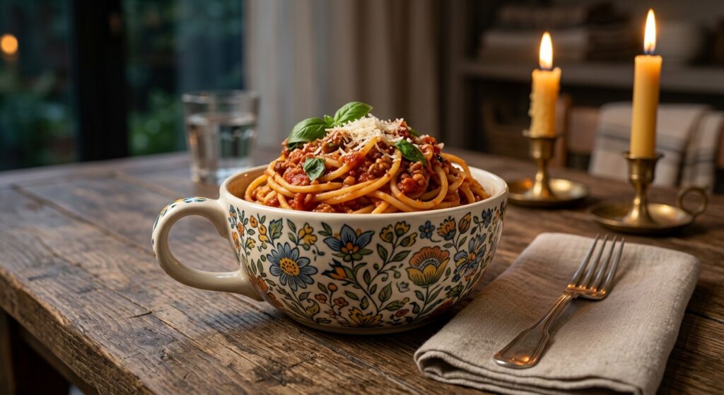 Handmade Polish pottery loop-handle bowl filled with spaghetti on a rustic wooden dinner table