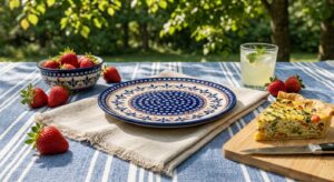 Hand-painted Polish pottery plate on a picnic blanket with summer food in natural outdoor light