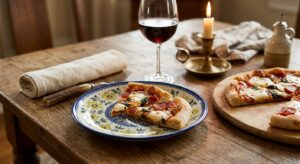 Polish pottery Kiwi pattern plate on a rustic table set for a cosy pizza night