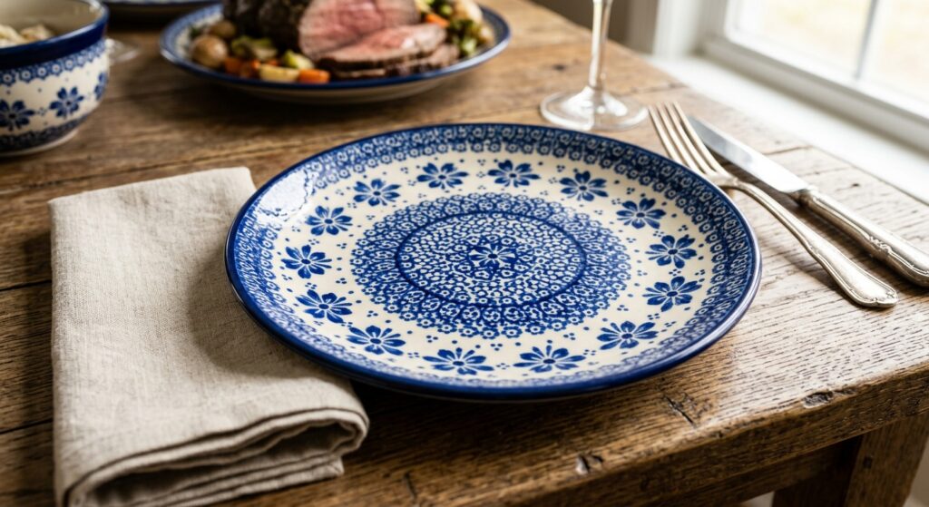 Hand-painted Polish stoneware dinner plate from Ceramika Artystyczna laid for Sunday roast on an oak table
