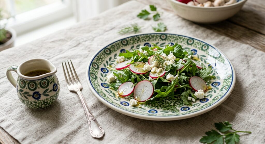 Polish pottery salad plate in Kiwi pattern with fresh green salad on a linen tablecloth