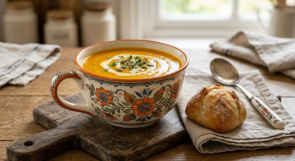 Handmade ceramic loop handle bowl with Bloom Garden pattern filled with butternut squash soup on a wooden table