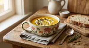 ALMA handmade loop handle Polish pottery bowl filled with golden butternut squash soup on a linen cloth