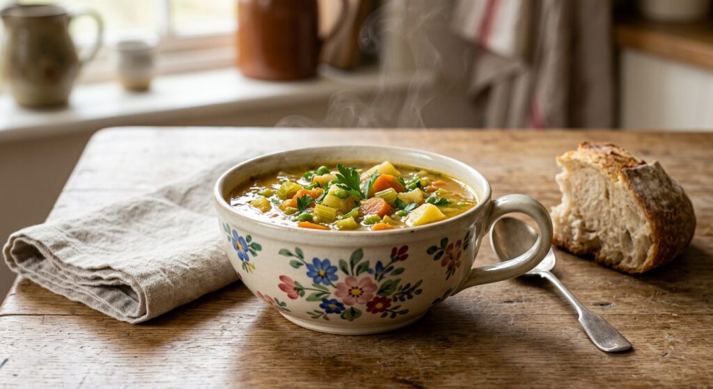 Handmade Polish pottery loop handle bowl filled with hearty stew on a rustic wooden table