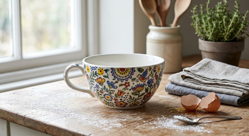 ALMA handmade loop-handle Polish pottery bowl on a floured worktop ready for Sunday baking