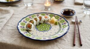 Polish pottery plate in Kiwi pattern styled for a sushi night with soy sauce and chopsticks