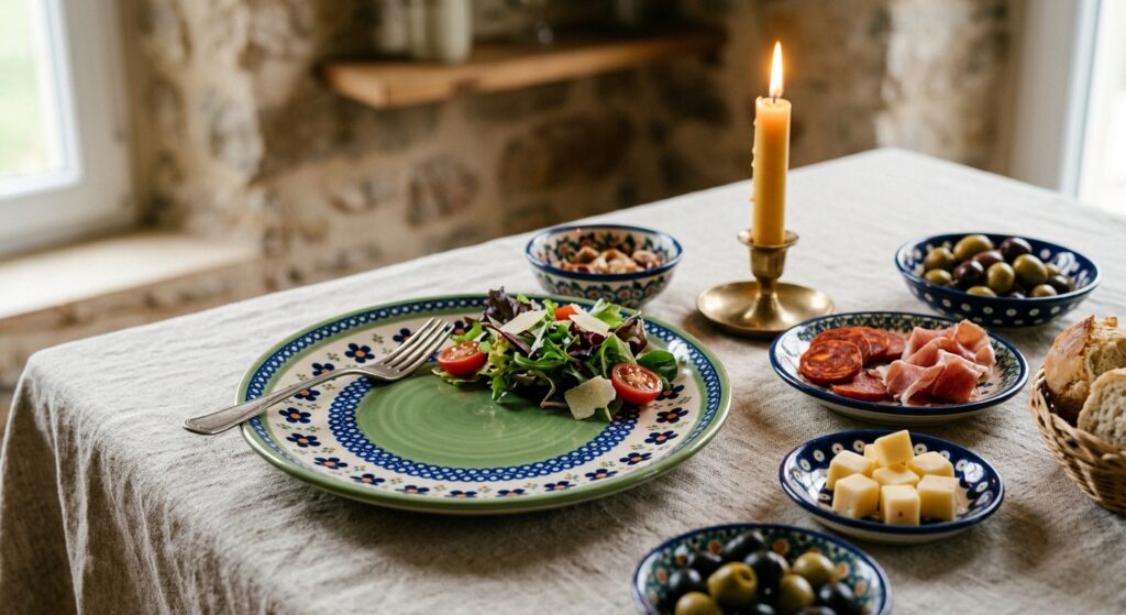 Polish pottery salad plate in Kiwi pattern styled on a tapas table with sharing dishes and candlelight