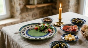 Polish pottery salad plate in Kiwi pattern styled on a tapas table with sharing dishes and candlelight