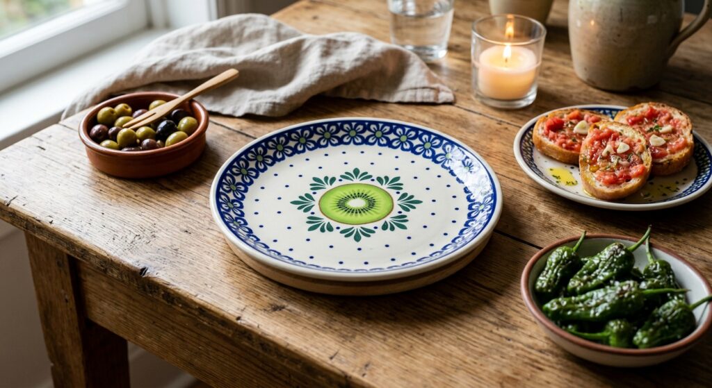 Kiwi pattern Polish pottery salad plate styled on a wooden table for a relaxed tapas evening