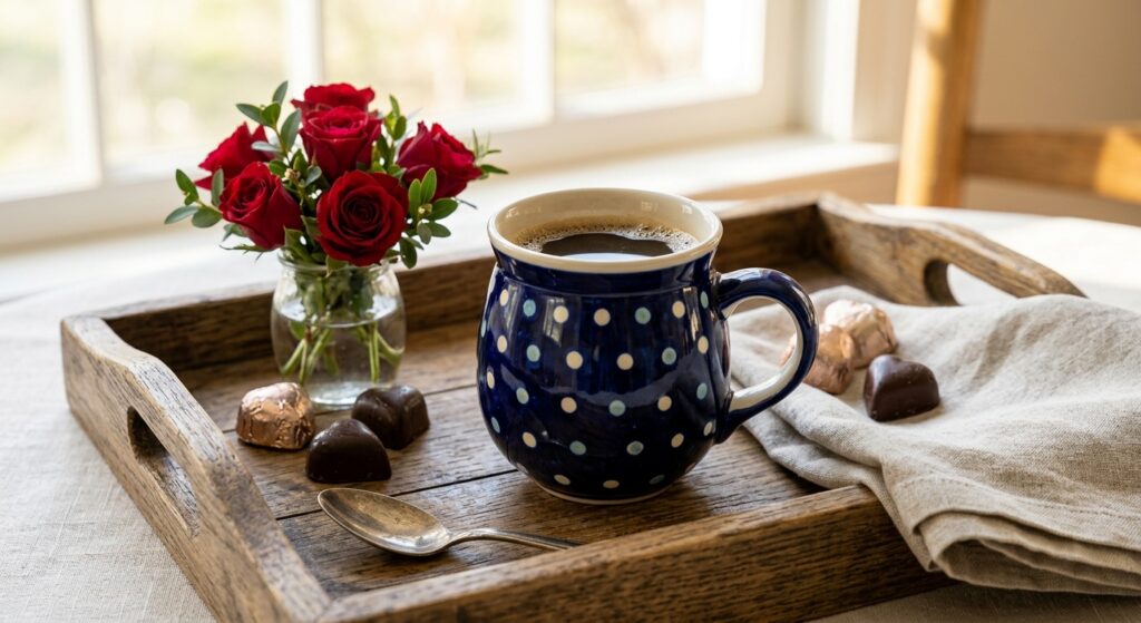 Polish pottery Night Sky bubble mug on a Valentine's Day breakfast tray with roses and chocolates