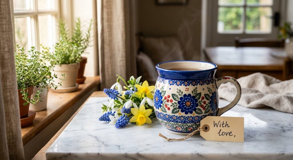 Polish pottery ceramic mug in floral Dalia pattern, styled as a Mother's Day gift with spring flowers