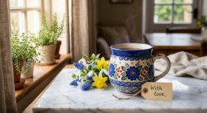 Polish pottery ceramic mug in floral Dalia pattern, styled as a Mother's Day gift with spring flowers
