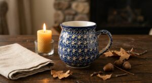 Polish pottery ceramic bubble mug in Night Sky pattern styled on a dark wooden table with autumn leaves and candlelight
