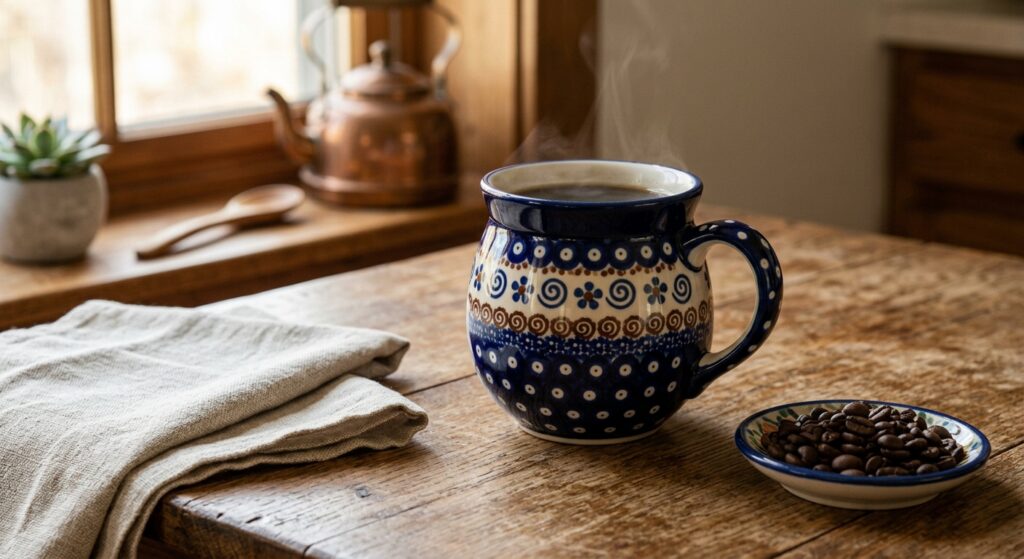 Polish Pottery Bubble Mug Night Sky on a wooden kitchen table with coffee beans and linen cloth