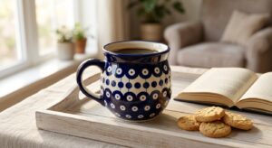 Polish Pottery Bubble Mug in Night Sky pattern on a wooden afternoon break tray with biscuits