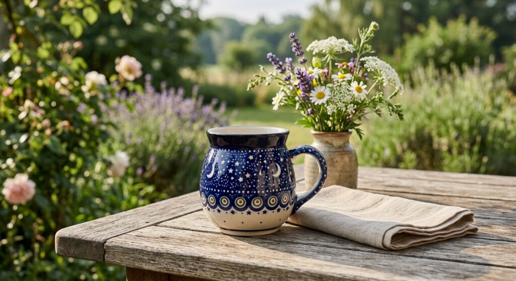 Polish Pottery Bubble Mug 16 oz Night Sky on a wooden garden table on a bright bank holiday morning