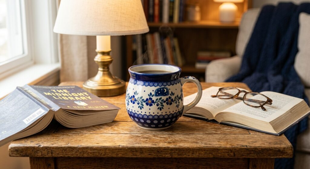 Polish Pottery ceramic bubble mug in Night Sky pattern beside an open book and reading lamp