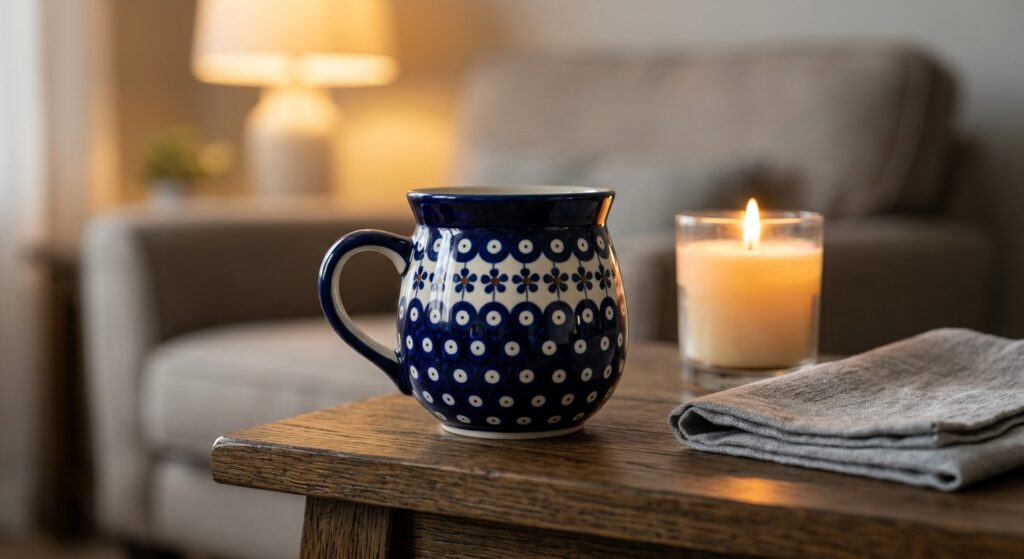 Polish Pottery Bubble Mug in Night Sky pattern on a wooden table with candlelight on a cosy evening