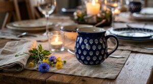 Polish Pottery Coffee Mug Bubble 16 oz Night Sky on a candlelit dinner party table with linen napkins