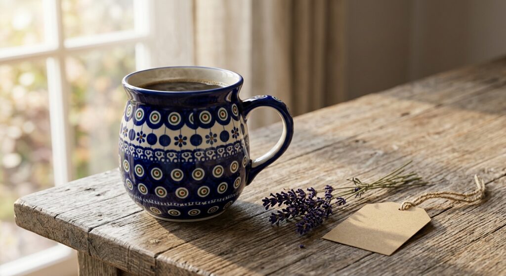 Polish Pottery Bubble Mug in Night Sky pattern, a handmade ceramic mug gift idea from Bolesławiec Poland