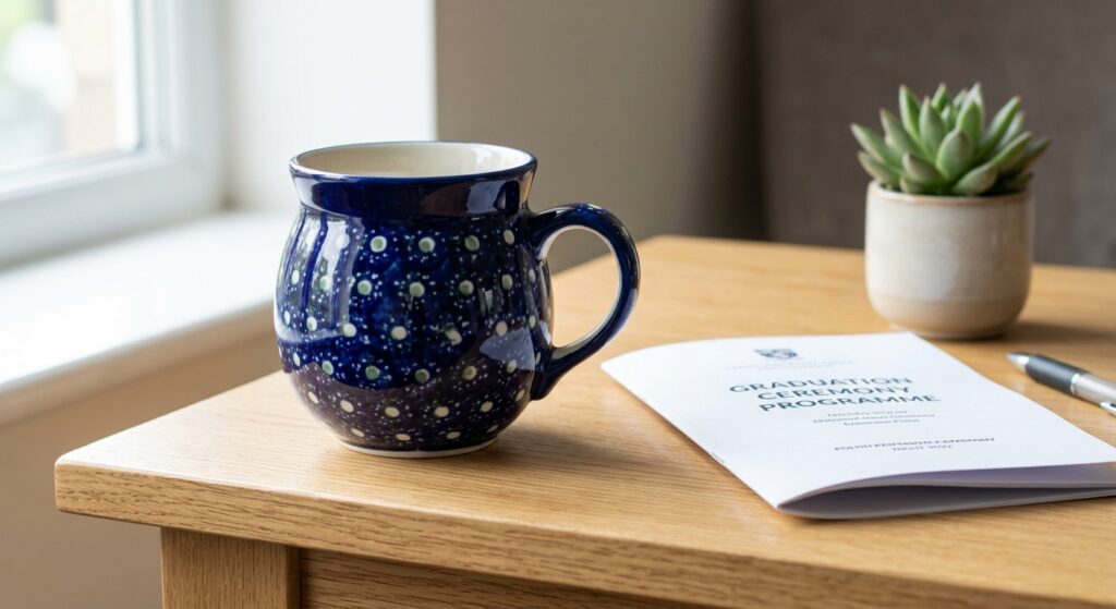 Polish Pottery Coffee Mug Bubble 16 oz Night Sky on a wooden desk beside a graduation programme