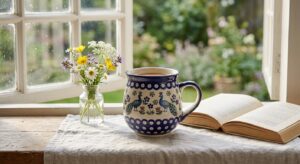 Polish Pottery Bubble Mug in Night Sky pattern on a lazy Sunday morning table with a book and flowers