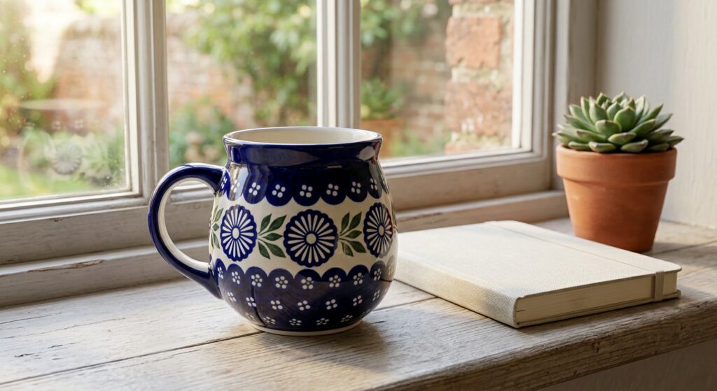 Polish Pottery Bubble Mug 16oz Night Sky pattern on a wooden windowsill with morning light
