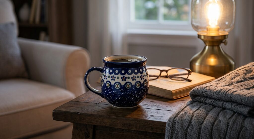 Polish Pottery Bubble Mug 16oz Night Sky on a wooden side table with a lamp and open book