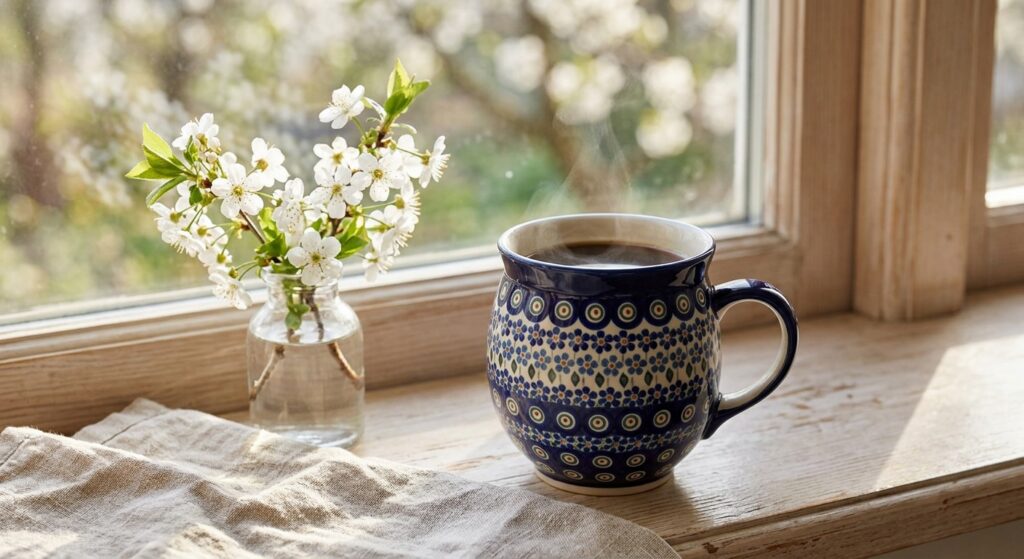 Polish Pottery ceramic bubble mug in Night Sky pattern on a spring morning windowsill with blossom