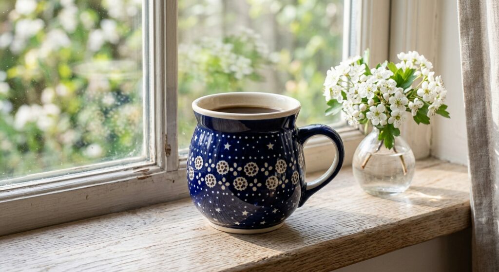 Polish Pottery Coffee Mug Bubble 16 oz Night Sky on a wooden windowsill with spring blossom