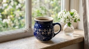 Polish Pottery Coffee Mug Bubble 16 oz Night Sky on a wooden windowsill with spring blossom