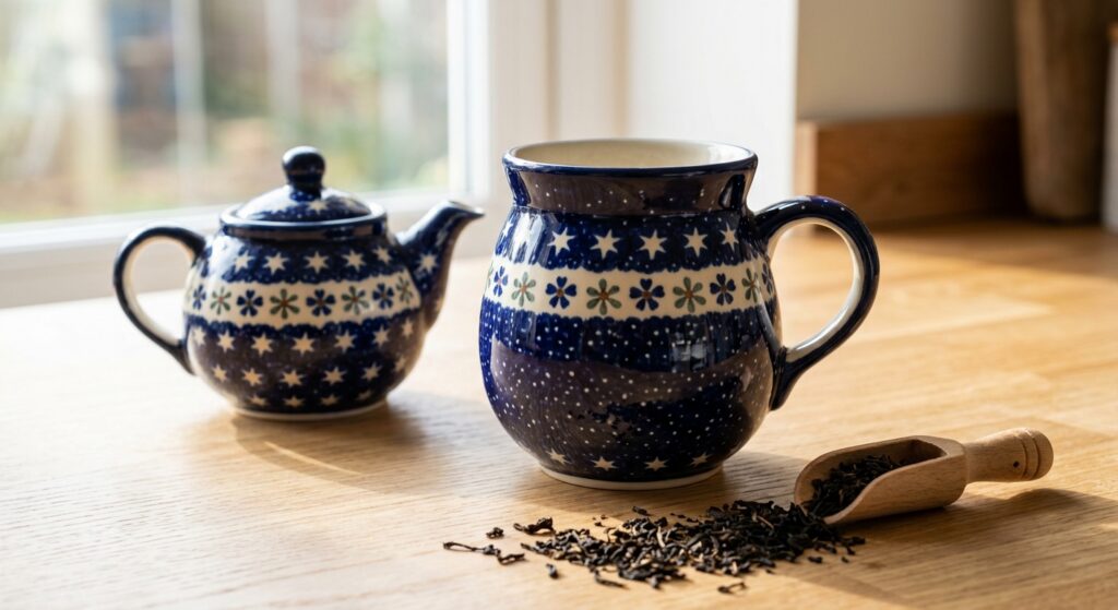 Polish Pottery Bubble Mug Night Sky on a wooden worktop with loose-leaf tea and soft morning light
