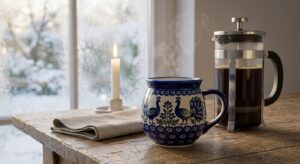 Polish pottery ceramic bubble mug in Night Sky pattern on a wooden table on a cold winter morning