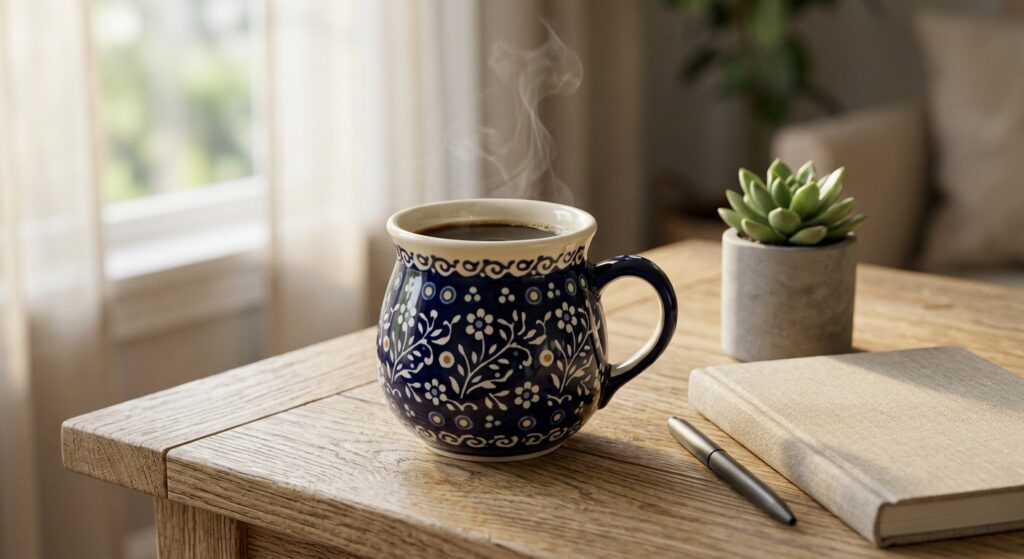 Polish Pottery Bubble Mug 16oz Night Sky on a wooden desk during a work break
