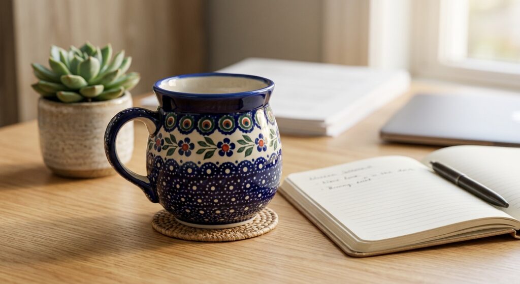 Polish Pottery Bubble Mug in Night Sky pattern on a wooden desk with notebook and plant