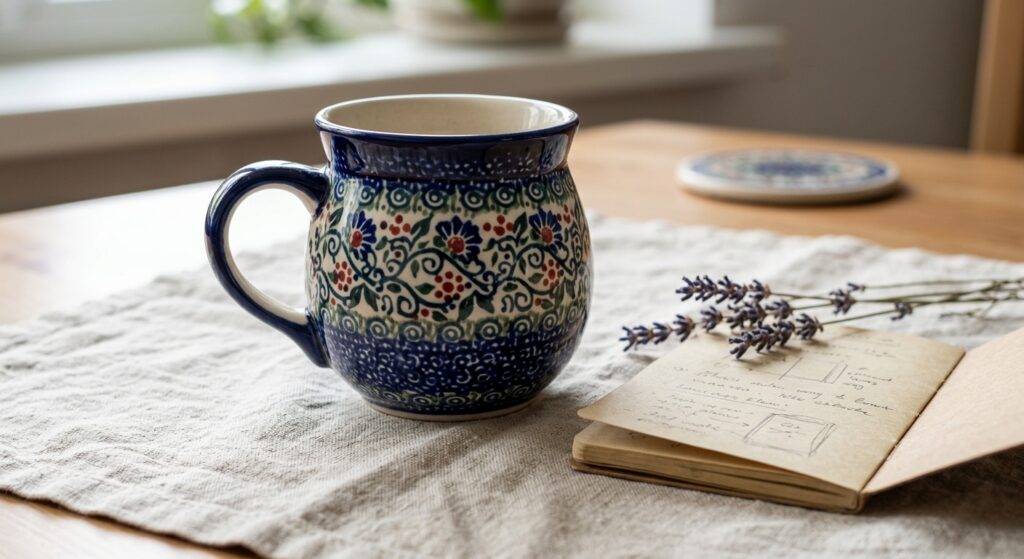 Polish Pottery Bubble Mug in Night Sky pattern on a linen cloth for a mindful morning ritual