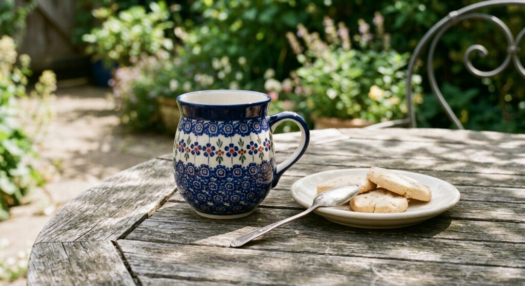 Polish pottery bubble mug in Night Sky pattern on a wooden garden table for outdoor dining