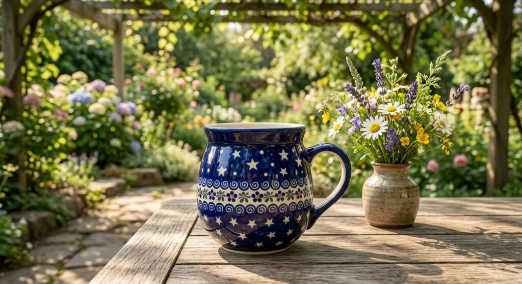Polish Pottery Bubble Mug in Night Sky pattern on a sunny garden table with wildflowers