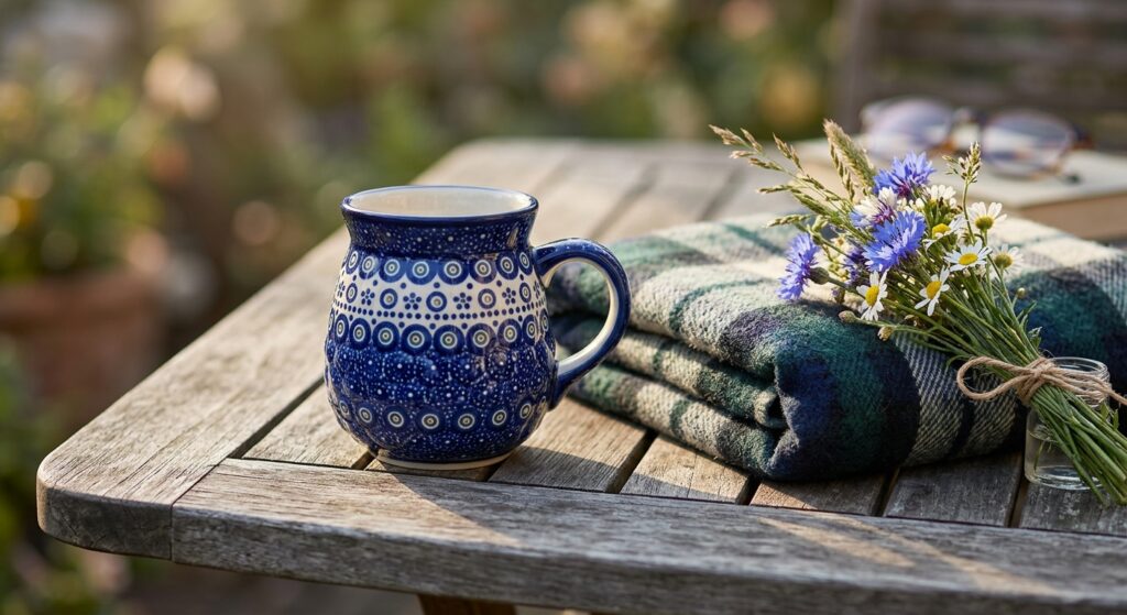 Polish Pottery ceramic bubble mug in Night Sky pattern on a rustic wooden table with a plaid blanket