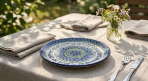 Hand-painted Bolesławiec stoneware plate on an outdoor summer dining table with linen and garden flowers
