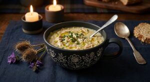 Handmade Polish pottery loop-handle bowl filled with soup on a candlelit Burns Night table